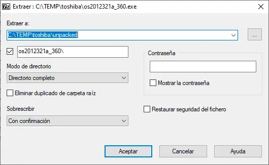 Ventana para extraer los archivos con 7-zip