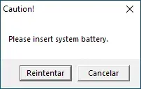 Modal de aviso para insertar la batería requerida