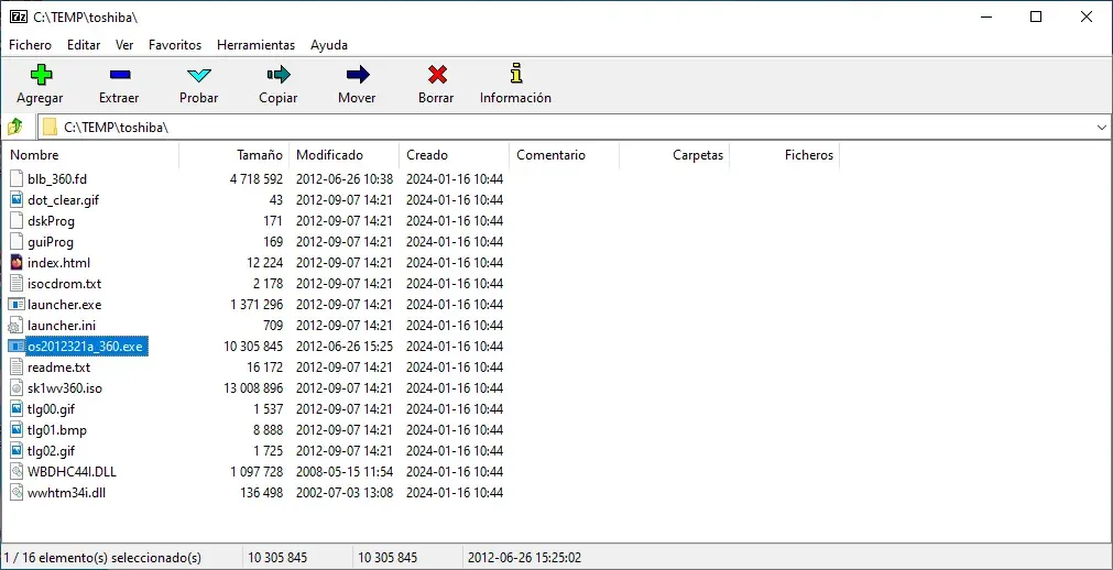 Ventana listado de archivos con 7-zip